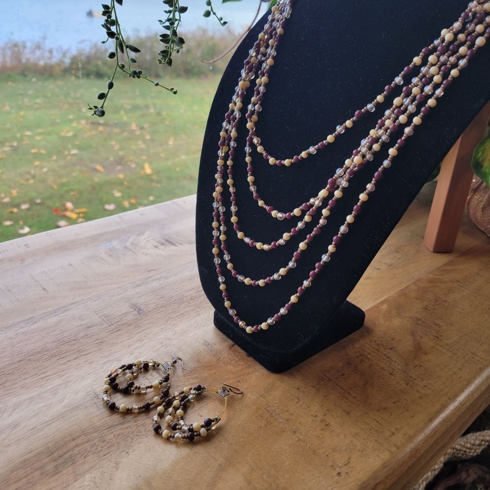 Layered Beaded Necklace n‎ Hoop Earrings Set Boho Multi Strand Statement Jewelry